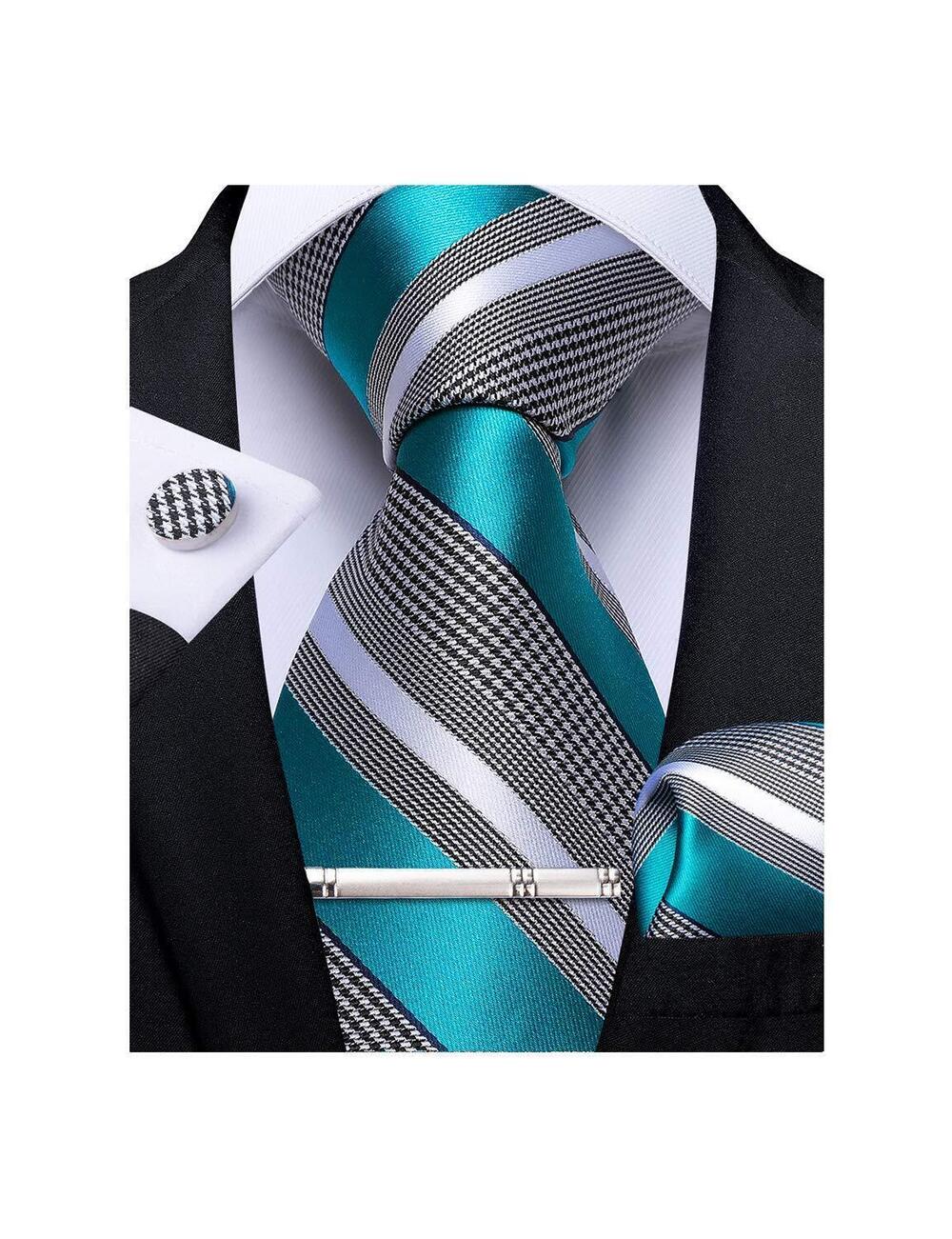 4921 Striped Tie Silk Woven Necktie and Pocket Square Cufflinks Tie Clip